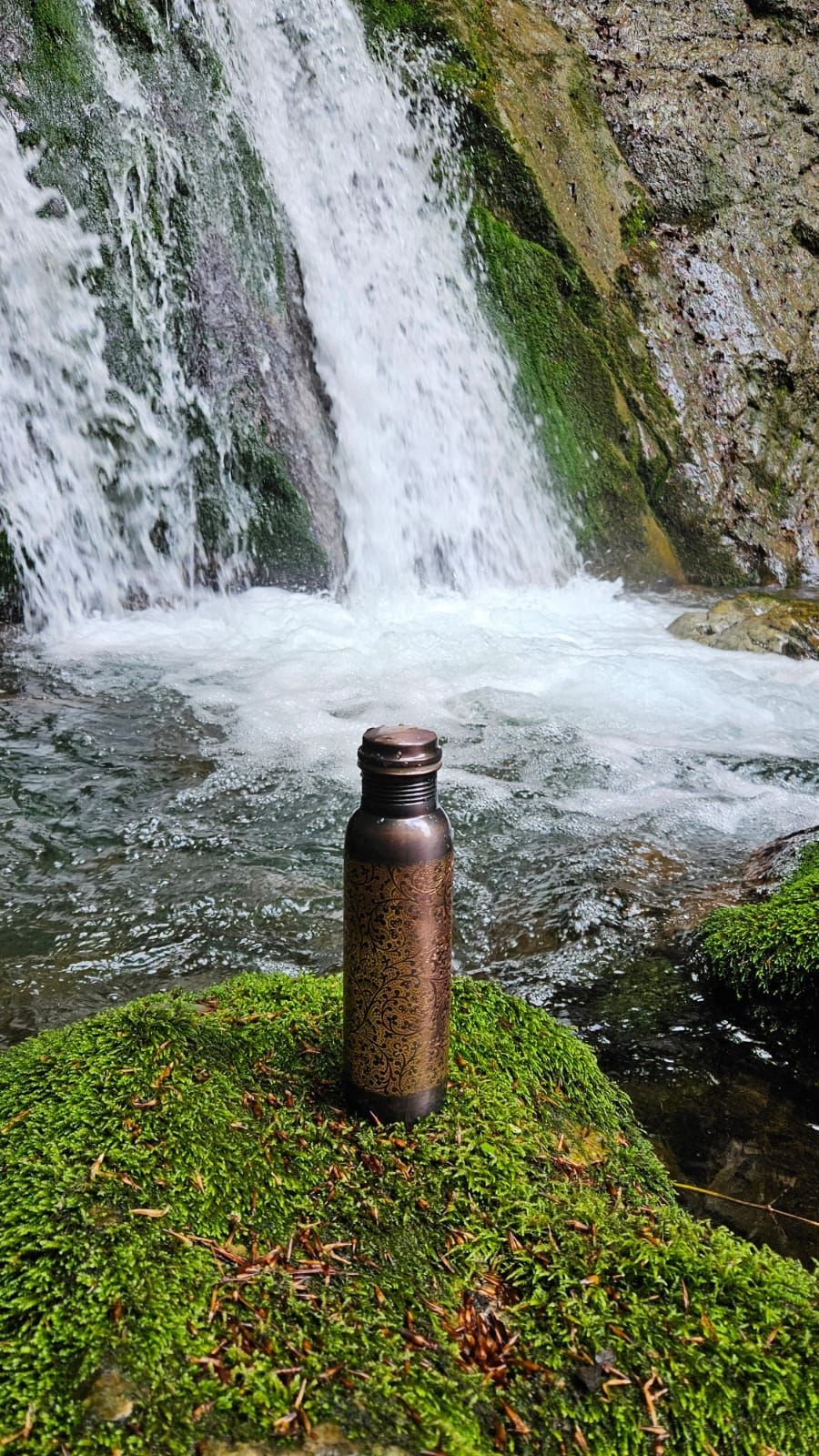 Decorative water bottle on mossy rock near waterfall.